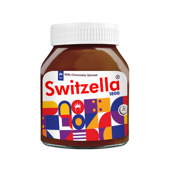 Jar of Switzella milk chocolate spread with colorful label on a white background
